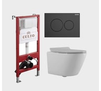 Инсталляция пневматическая с подвесным унитазом CULTO TOR панель смыва черная, система смыва Торнадо SP_TOR_BL