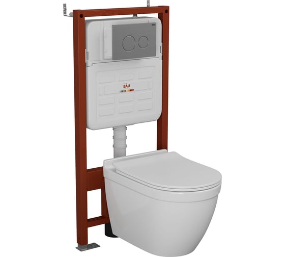 Комплект Bauedge BAU 6 в 1: усиленная инсталляция BAU IDEAL, унитаз подвесной безободковый Bau Mif PRO, сиденье микролифт, клавиша BAU Wheel антивандальная, нерж. сталь брашированная E458103-NT0002-PRO-E00118 1