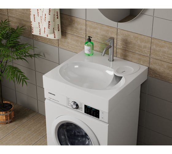 Раковина над стиральной машиной Bauedge BAU Nimb 60x60, литьевой мрамор, в комплекте с кронштейнами и сифоном, белый глянец MY2013