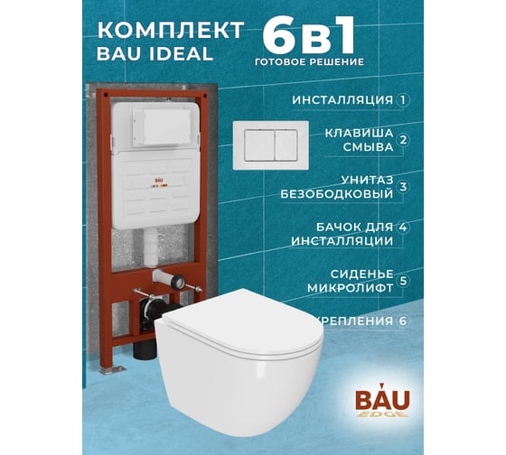 Комплект 6 в 1 Bauedge BAU усиленная инсталляция BAU IDEAL, унитаз подвесной безободковый SinteSi Tornado, быстросъемное сиденьем дюропласт с микролифтом E458103-SIN-TS-EVI-152TOR-E00107