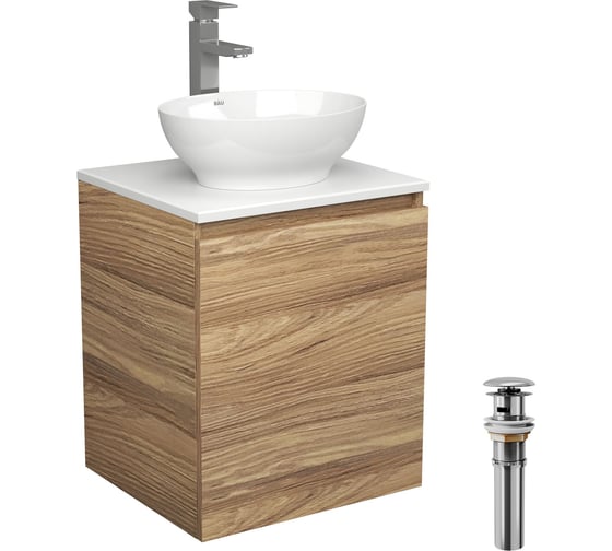 Тумба Bauedge Bau Dream Blackwood 50 с дверцей, раковина BAU Nimb 41x33, смеситель для раковины высокий Hotel Still, нержавеющая сталь, выпуск клик клак хром SD3088 1