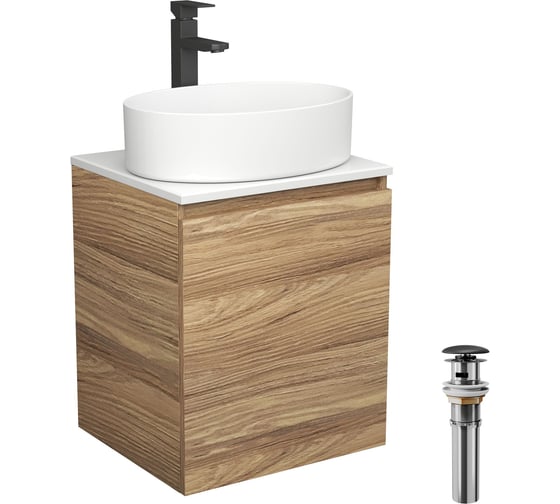 Тумба Bauedge Bau Dream Blackwood 50 с дверцей, раковина BAU Nimb 50x36, смеситель для раковины высокий Hotel Black, черный, выпуск клик клак черный SD3045