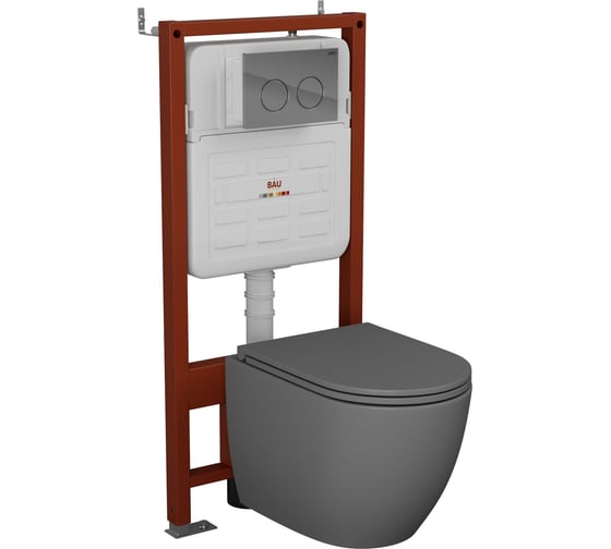 Комплект 6 в 1 Bauedge BAU усиленная инсталляция BAU IDEAL, унитаз подвесной безободковый торнадо обратного потока Bau Dream Hurricane-2 темно-серый матовый E458103-BL0001-HQ2-DG-E00113