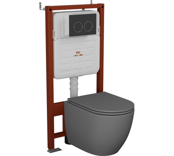 Комплект 6 в 1 Bauedge BAU усиленная инсталляция BAU IDEAL, унитаз подвесной безободковый торнадо обратного потока Bau Dream Hurricane-2 темно-серый матовый E458103-BL0001-HQ2-DG-E00115 1