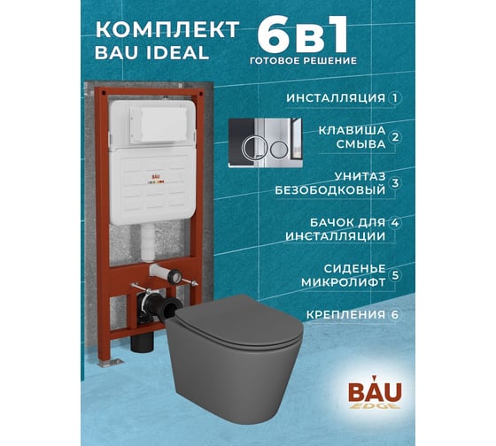 Комплект Bauedge BAU 6 в 1: усиленная инсталляция BAU IDEAL, унитаз подвесной безободковый Bau Nimb темно-серый матовый, сиденье дюропласт микролифт, клавиша BAU Wheel антивандальная, нерж. сталь хром E458103-BK0001DG-E00117