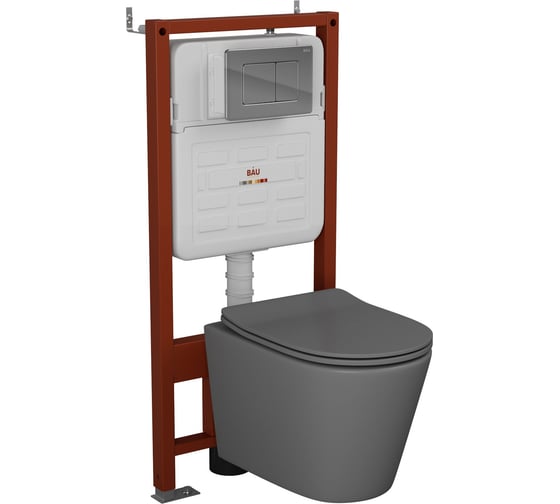 Комплект Bauedge BAU 6 в 1: усиленная инсталляция BAU IDEAL, унитаз подвесной безободковый Bau Nimb темно-серый матовый, сиденье дюропласт микролифт, клавиша BAU Light антивандальная, нерж. сталь хром E458103-BK0001DG-E00105 1