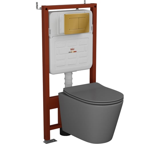 Комплект Bauedge BAU 6 в 1: усиленная инсталляция BAU IDEAL, унитаз подвесной безободковый Bau Nimb темно-серый матовый, сиденье дюропласт микролифт, клавиша BAU Light антивандальная, нерж. сталь золото E458103-BK0001DG-E00108 1