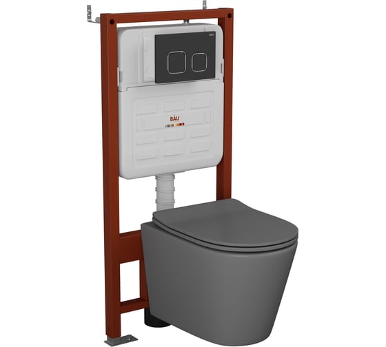 Комплект Bauedge BAU 6 в 1: усиленная инсталляция BAU IDEAL, унитаз подвесной безободковый Bau Nimb темно-серый матовый, сиденье дюропласт микролифт, клавиша BAU Strike, черная матовая E458103-BK0001DG-E00103