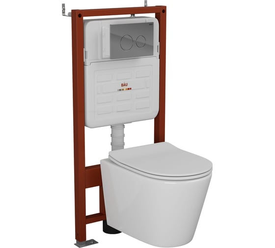 Комплект Bauedge BAU 6 в 1: усиленная инсталляция BAU IDEAL, унитаз подвесной безободковый Bau Nimb, сиденье дюропласт микролифт, клавиша BAU Wheel антивандальная, нерж. сталь хром E458103-BK0001-E00117