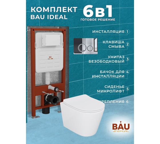 Комплект Bauedge BAU 6 в 1: усиленная инсталляция BAU IDEAL, унитаз подвесной безободковый Bau Nimb, сиденье дюропласт микролифт, клавиша BAU Wheel антивандальная, нерж. сталь хром E458103-BK0001-E00117