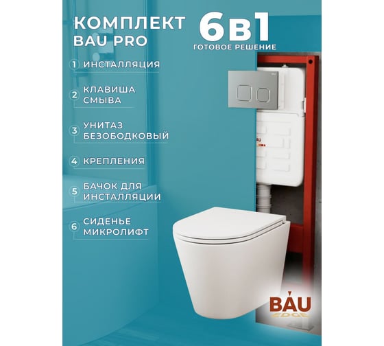 Комплект Bauedge BAU 6 в 1: усиленная инсталляция BAU IDEAL, унитаз подвесной безободковый Bau Nimb, сиденье дюропласт микролифт, клавиша BAU Strike Gun Grey,темно-серый металлик/хром E458103-E00121-BK0001