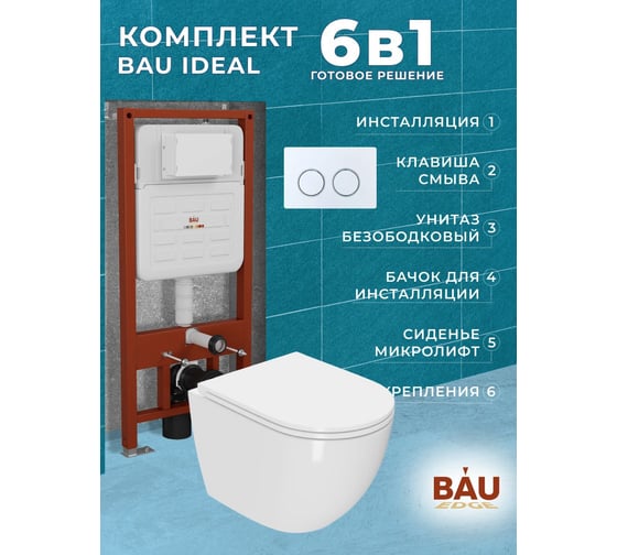Комплект Bauedge BAU 6 в 1: усиленная инсталляция BAU IDEAL, унитаз подвесной безободковый Bau SinteSi EVI, быстросъемное тонкое сиденье дюропласт микролифт, клавиша BAU Round, белый/хром E458103-SIN-TS-EVI-151-E00116