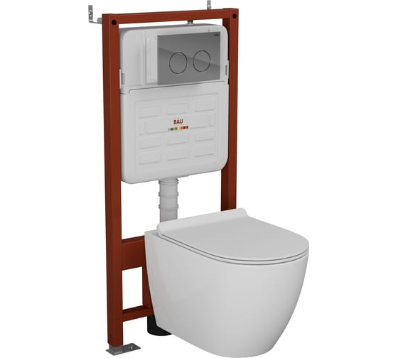 Комплект Bauedge BAU 6 в 1: усиленная инсталляция BAU IDEAL, унитаз подвесной безободковый Bau SinteSi EVI, быстросъемное тонкое сиденье дюропласт микролифт, клавиша BAU Round, хром E458103-SIN-TS-EVI-151-E00113