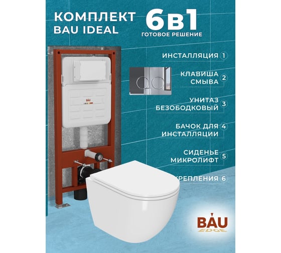 Комплект Bauedge BAU 6 в 1: усиленная инсталляция BAU IDEAL, унитаз подвесной безободковый Bau SinteSi EVI, быстросъемное тонкое сиденье дюропласт микролифт, клавиша BAU Round, хром E458103-SIN-TS-EVI-151-E00113