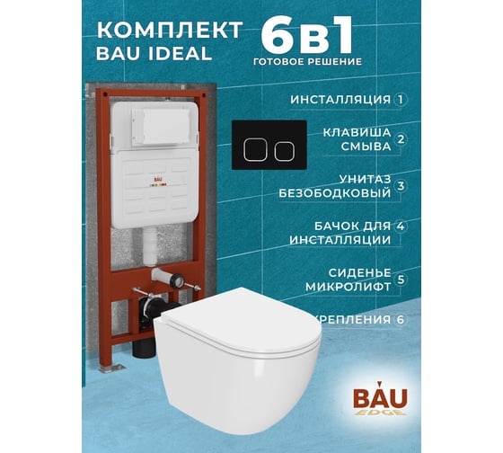 Комплект Bauedge BAU 6 в 1: усиленная инсталляция BAU IDEAL, унитаз подвесной безободковый Bau SinteSi EVI, быстросъемное тонкое сиденье дюропласт микролифт, клавиша BAU Strike, черная матовая E458103-SIN-TS-EVI-151-E00103