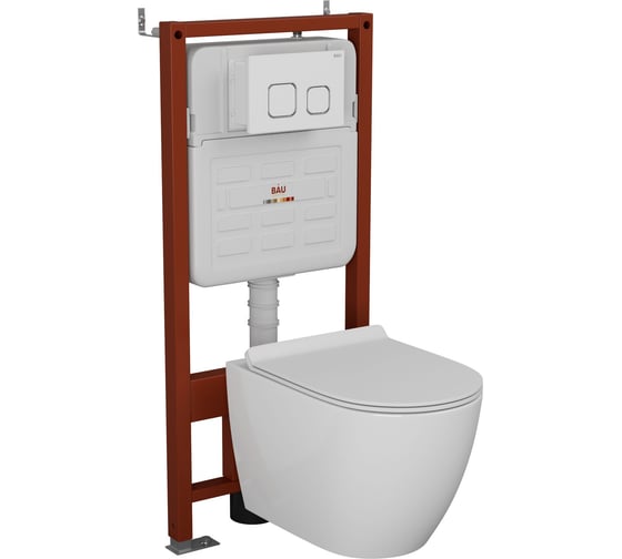 Комплект Bauedge BAU 6 в 1: усиленная инсталляция BAU IDEAL, унитаз подвесной безободковый Bau SinteSi EVI, быстросъемное тонкое сиденье дюропласт микролифт, клавиша BAU Strike, белая/хром E458103-SIN-TS-EVI-151-E00104