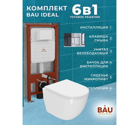 Комплект Bauedge BAU 6 в 1: усиленная инсталляция BAU IDEAL, унитаз подвесной безободковый Bau SinteSi, быстросъемное тонкое сиденье дюропласт микролифт, клавиша BAU Light антивандальная, нерж. сталь хром E458103-SIN-TS-EVI-151-E00105