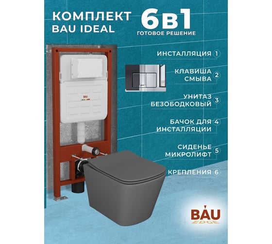 Комплект Bauedge BAU 6 в 1: усиленная инсталляция BAU IDEAL, унитаз подвесной безободковый Bau Stil 49х35 темно-серый матовый, сиденье дюропласт микролифт, клавиша BAU Light антивандальная, нерж. сталь хром E458103-BS0001-DG-E00105