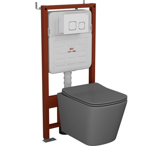 Комплект Bauedge BAU 6 в 1: усиленная инсталляция BAU IDEAL, унитаз подвесной безободковый Bau Stil 49х35 темно-серый матовый, сиденье дюропласт микролифт, клавиша BAU Strike, белая/хром E458103-BS0001-DG-E00104