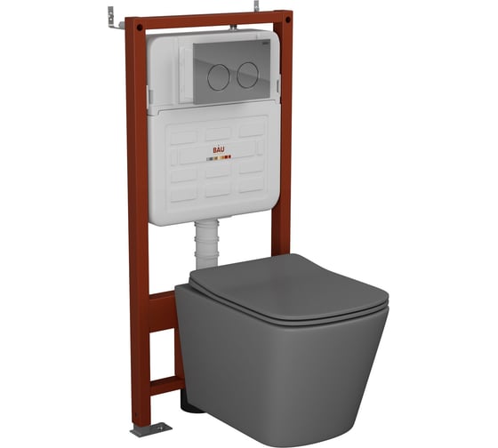 Комплект Bauedge BAU 6 в 1: усиленная инсталляция BAU IDEAL, унитаз подвесной безободковый Bau Stil 49х35 темно-серый матовый, сиденье дюропласт микролифт, клавиша BAU Round, хром E458103-BS0001-DG-E00113