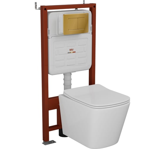 Комплект Bauedge BAU 6 в 1: усиленная инсталляция BAU IDEAL, унитаз подвесной безободковый Bau Stil 49х35, сиденье дюропласт микролифт, клавиша BAU Light антивандальная, нерж. сталь золото E458103-BS0001-E00108