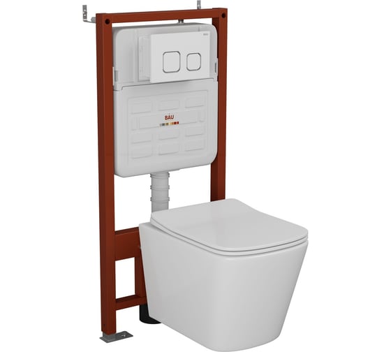 Комплект Bauedge BAU 6 в 1: усиленная инсталляция BAU IDEAL, унитаз подвесной безободковый Bau Stil 51х35, сиденье дюропласт микролифт, клавиша BAU Strike, белая/хром E458103-BS0002-E00104