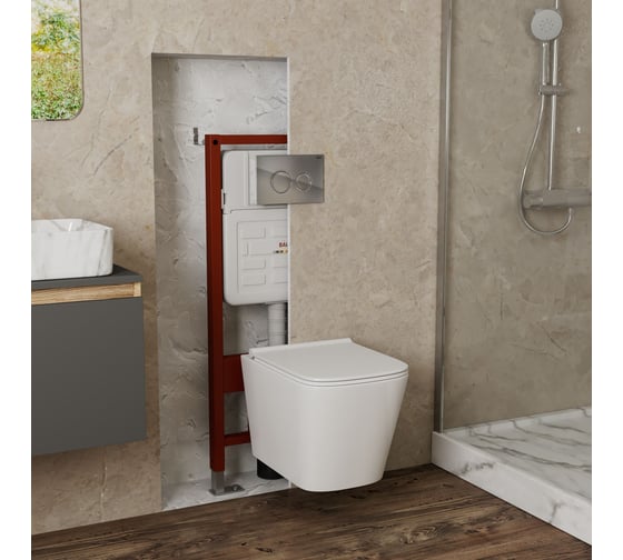 Комплект Bauedge BAU 6 в 1: усиленная инсталляция BAU IDEAL, унитаз подвесной безободковый Bau Stil PRO, сиденье микролифт, клавиша BAU Wheel антивандальная, нерж. сталь хром E458103-NS0001-PRO-E00117