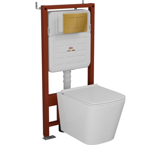 Комплект Bauedge BAU 6 в 1: усиленная инсталляция BAU IDEAL, унитаз подвесной безободковый Bau Stil PRO, сиденье микролифт, клавиша BAU Light антивандальная, нерж. сталь золото E458103-NS0001-PRO-E00108 1