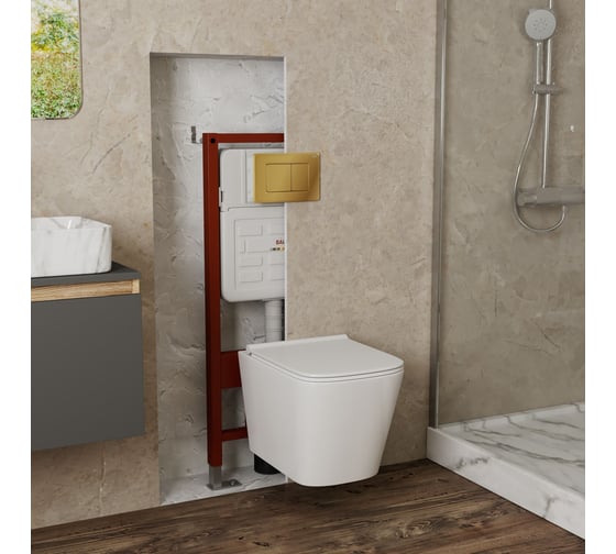 Комплект Bauedge BAU 6 в 1: усиленная инсталляция BAU IDEAL, унитаз подвесной безободковый Bau Stil PRO, сиденье микролифт, клавиша BAU Light антивандальная, нерж. сталь золото E458103-NS0001-PRO-E00108
