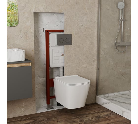 Комплект Bauedge BAU 6 в 1: усиленная инсталляция BAU IDEAL, унитаз подвесной безободковый Bau Stil PRO, сиденье микролифт, клавиша BAU Round Gun gray, серый металлик E458103-NS0001-PRO-E00114