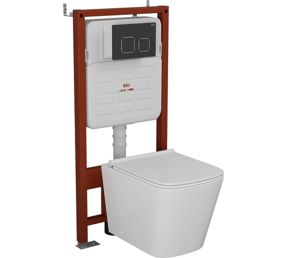 Комплект Bauedge BAU 6 в 1: усиленная инсталляция BAU IDEAL, унитаз подвесной безободковый Bau Stil PRO, сиденье микролифт, клавиша BAU Strike, черная матовая E458103-NS0001-PRO-E00103