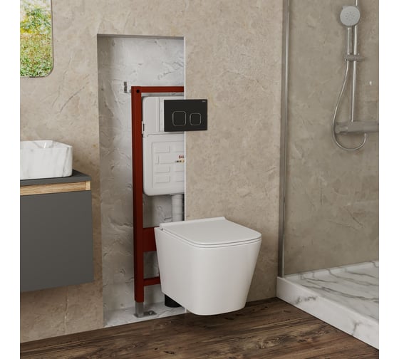 Комплект Bauedge BAU 6 в 1: усиленная инсталляция BAU IDEAL, унитаз подвесной безободковый Bau Stil PRO, сиденье микролифт, клавиша BAU Strike, черная матовая E458103-NS0001-PRO-E00103