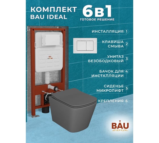 Комплект Bauedge BAU 6 в 1: усиленная инсталляция BAU IDEAL, унитаз подвесной безободковый Bau Stil темно-серый матовый, сиденье дюропласт микролифт, клавиша BAU Light антивандальная, нерж сталь брашированная E458103-BS0002-DG-E00107