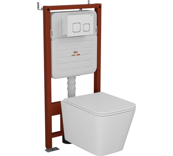 Комплект Bauedge BAU 6 в 1: усиленная инсталляция BAU IDEAL, унитаз подвесной безободковый OWL Vatter Ruta-H 53x36,5, быстросьёмное сиденье микролифт, клавиша BAU Strike, белая/хром E458103-OWLT190401-E00104
