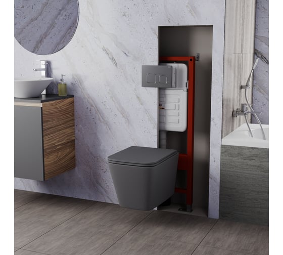 Комплект 6 в 1 Bauedge BAU усиленная инсталляция BAU IDEAL, унитаз подвесной безободковый торнадо обратного потока Hurricane-2 темно-серый, сиденье дюропласт E458103-E00121-BS0001-HQ2-DG