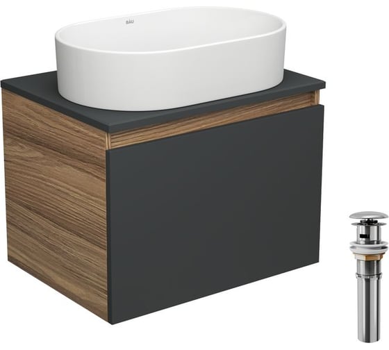 Тумба Bauedge Bau Dream Blackwood 60 графит, 1 ящик, раковина овальная BAU Nimb 55x35, выпуск клик клак хром BD2940 1
