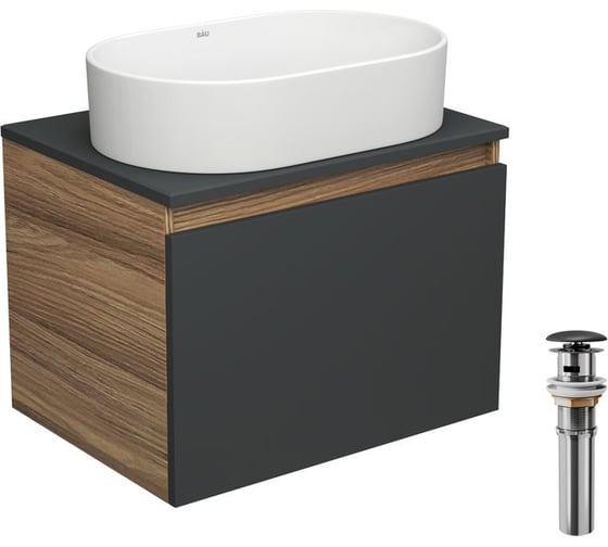 Тумба Bauedge Bau Dream Blackwood 60 графит, 1 ящик, раковина овальная BAU Nimb 55х35, выпуск клик клак черный BD2939