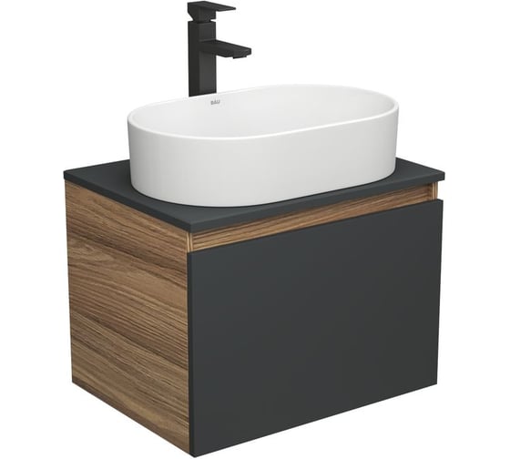 Тумба Bauedge Bau Dream Blackwood 60 графит, 1 ящик, раковина овальная BAU Nimb 55х35, смеситель Hotel Stil черный матовый BD2937 1