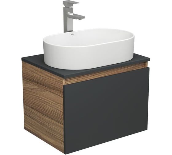 Тумба Bauedge Bau Dream Blackwood 60 графит, 1 ящик, раковина овальная BAU Nimb 55х35, смеситель Hotel Stil нерж. сталь BD2936