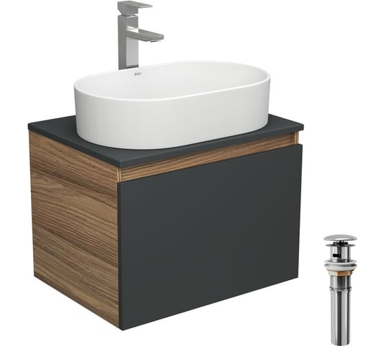 Тумба Bauedge Bau Dream Blackwood 60 графит, 1 ящик, раковина овальная BAU Nimb 55x35, смеситель Hotel Stil, нерж. сталь, выпуск клик клак хром BD2942 1