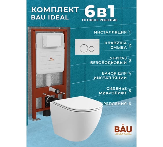 Комплект 6 в 1 Bauedge BAU усиленная инсталляция BAU IDEAL, унитаз подвесной безободковый, со смывом торнадо Grossman Hurricane 3, сиденье микролифт, клавиша E458103-GR-4455SQ-E00118