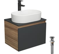 Тумба Bauedge Bau Dream Blackwood 60 графит, 1 ящик, раковина овальная BAU Nimb 55х35, смеситель Hotel Stil черный, выпуск клик клак черный BD2944