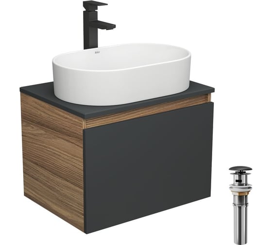 Тумба Bauedge Bau Dream Blackwood 60 графит, 1 ящик, раковина овальная BAU Nimb 55х35, смеситель Hotel Stil черный, выпуск клик клак черный BD2944