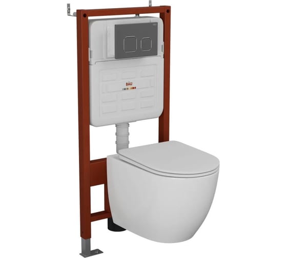 Комплект 6 в 1 Bauedge BAU усиленная инсталляция BAU IDEAL, унитаз подвесной безободковый, со смывом торнадо Grossman Hurricane 3, сиденье микролифт, клавиша E458103-E00121-GR-4455SQ 1
