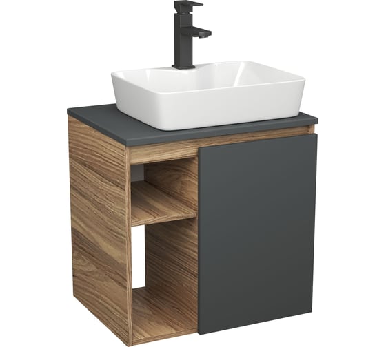 Тумба Bauedge Bau Dream Blackwood 60 правая, графит, раковина BAU Cerama 48х37 белая, смеситель Hotel Black, черный SD4355 1