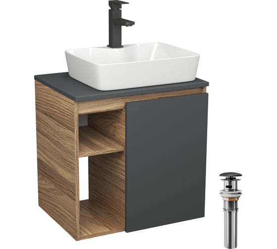Тумба Bauedge Bau Dream Blackwood 60 правая, графит, раковина BAU Cerama 48х37 белая, смеситель Hotel Black, черный, выпуск клик клак черный SD4363 1