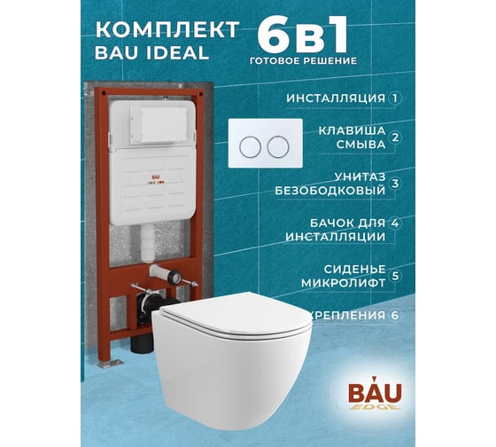 Комплект 6 в 1 Bauedge BAU усиленная инсталляция BAU IDEAL, унитаз подвесной безободковый, со смывом торнадо Grossman Hurricane 3, сиденье дюропласт микролифт E458103-GR-4455SQ-E00116