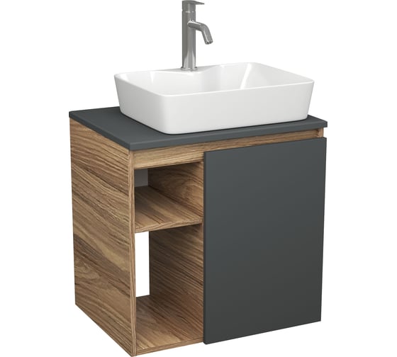 Тумба Bauedge Bau Dream Blackwood 60 правая, графит, раковина BAU Cerama 48х37 белая, смеситель Hotel Dream, нерж. сталь SD4356 1
