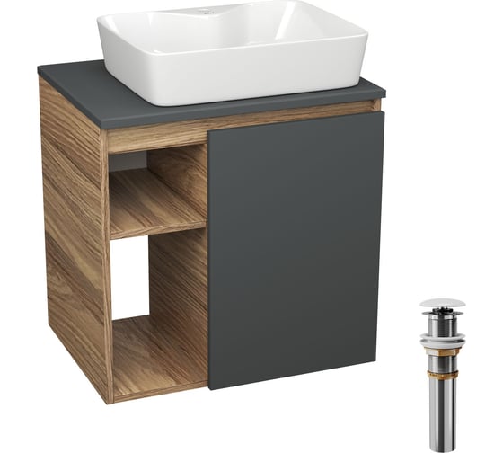 Тумба Bauedge Bau Dream Blackwood 60 правая, графит, раковина BAU Cerama 48х37 белая, выпуск клик клак белый SD4359 1