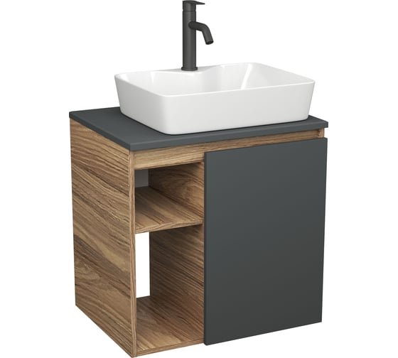 Тумба Bauedge Bau Dream Blackwood 60 правая, графит, раковина BAU Cerama 48х37 белая, смеситель Hotel Dream Black черный SD4357 1
